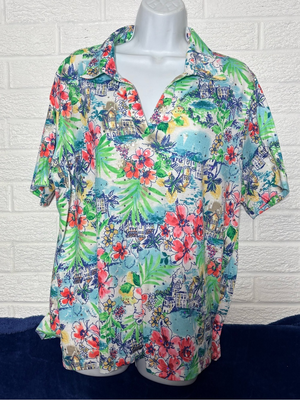 Cathy Daniels Tropical Floral Button-Down Polo in Green, Blue, Pink